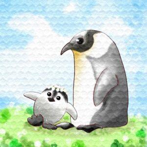 水彩画タッチイラスト　ペンギンの親子 シロツメクサの冠　ほのぼの