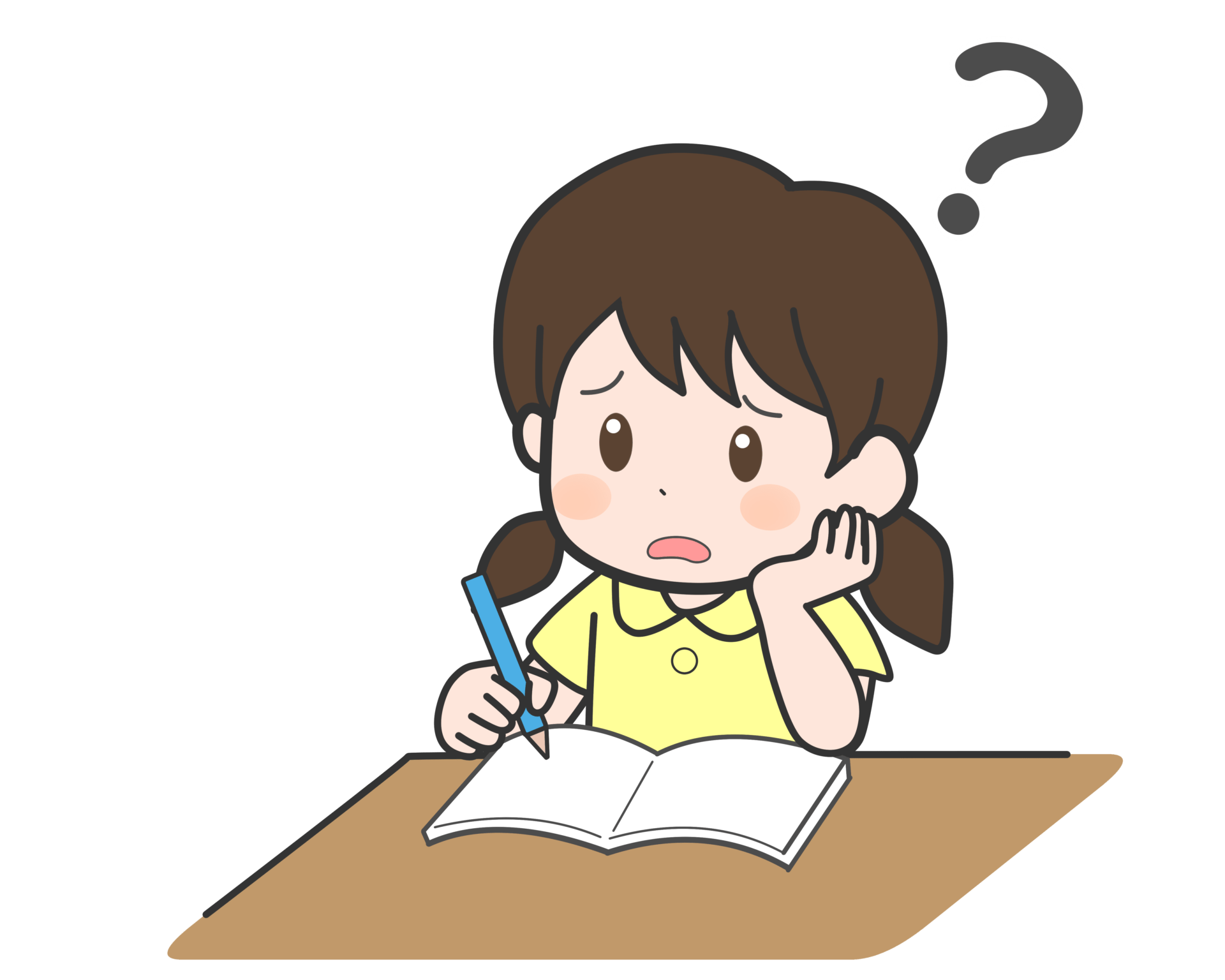 勉強が分からないと悩む女の子　カットイラスト　挿絵　学習　教育